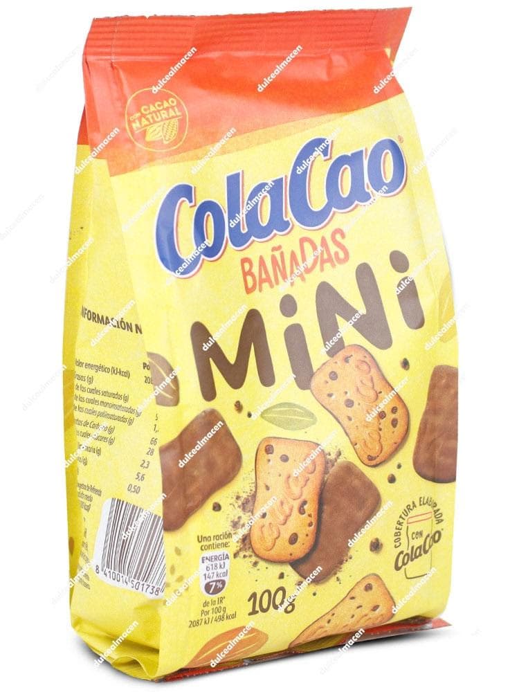 Bolsa amarilla de galletas ColaCao Bañadas Mini de 100 g, mostrando las pequeñas galletas crujientes con cobertura de cacao y el logotipo de ColaCao - Dulcealmacen