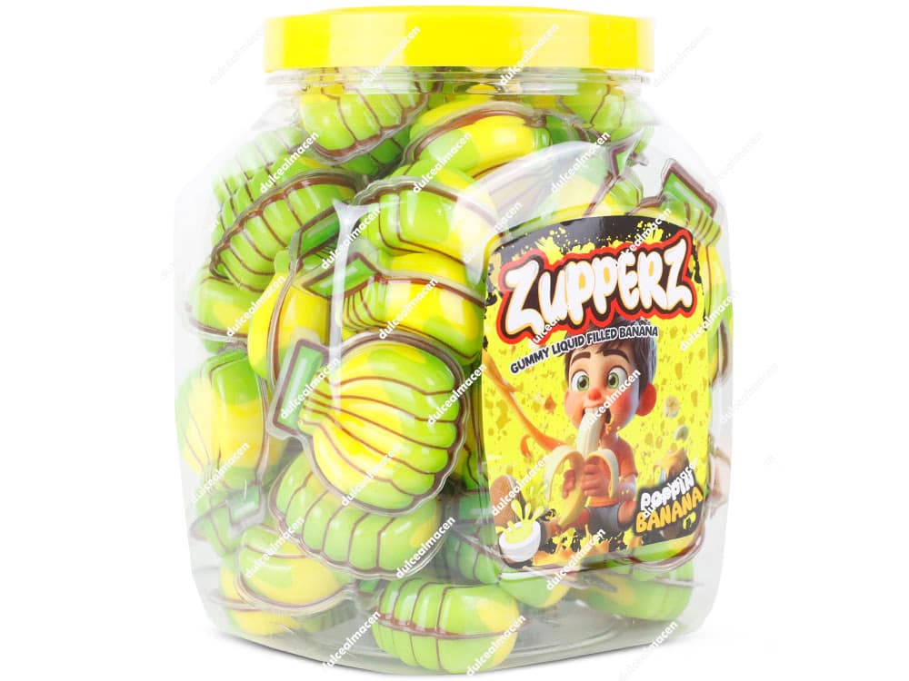 Tarro plástico transparente lleno de Zupperz Bananas Gominolas Gummy Rellenas 50 uds con tapa amarilla e ilustración infantil de un niño pelando un plátano en el archivo image_4461c6.jpg - Dulcealmacen