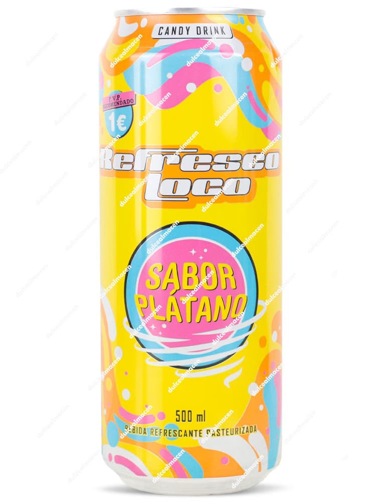 Lata de 500 ml de Refresco Loco Sabor Plátano con fondo amarillo vibrante y círculos de colores azul y rosa - Dulcealmacen