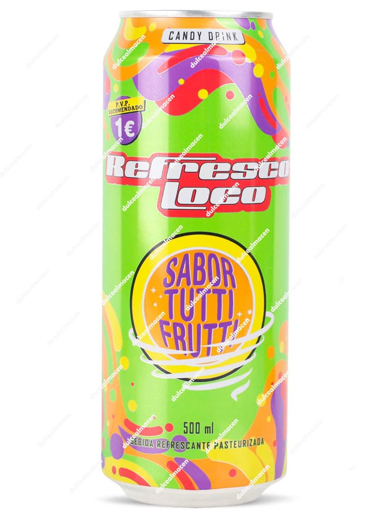 Lata de 500 ml de Refresco Loco Sabor Tutti Frutti con fondo verde lima, ondas púrpuras y diseño colorido psicodélico - Dulcealmacen
