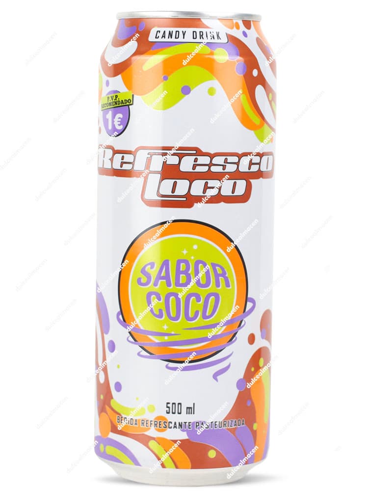Lata de 500 ml de Refresco Loco Sabor Coco con fondo blanco, ondas naranjas y púrpuras y diseño psicodélico - Dulcealmacen