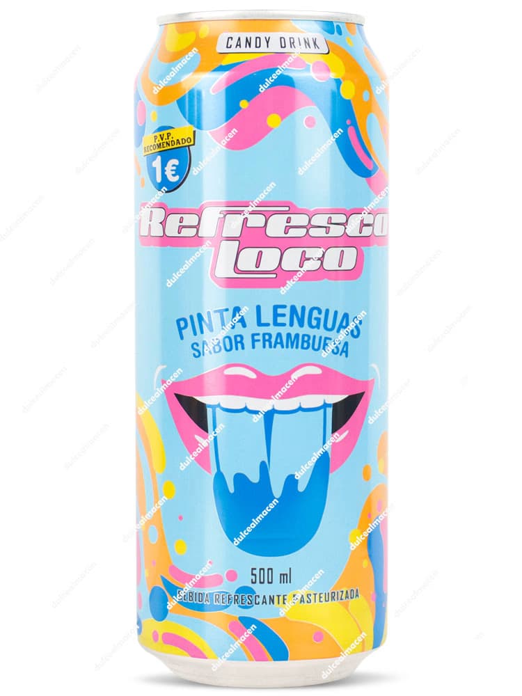 Lata de 500 ml de Refresco Loco Pinta Lenguas Sabor Frambuesa con diseño colorido, una boca con lengua azul y colores psicodélicos - Dulcealmacen