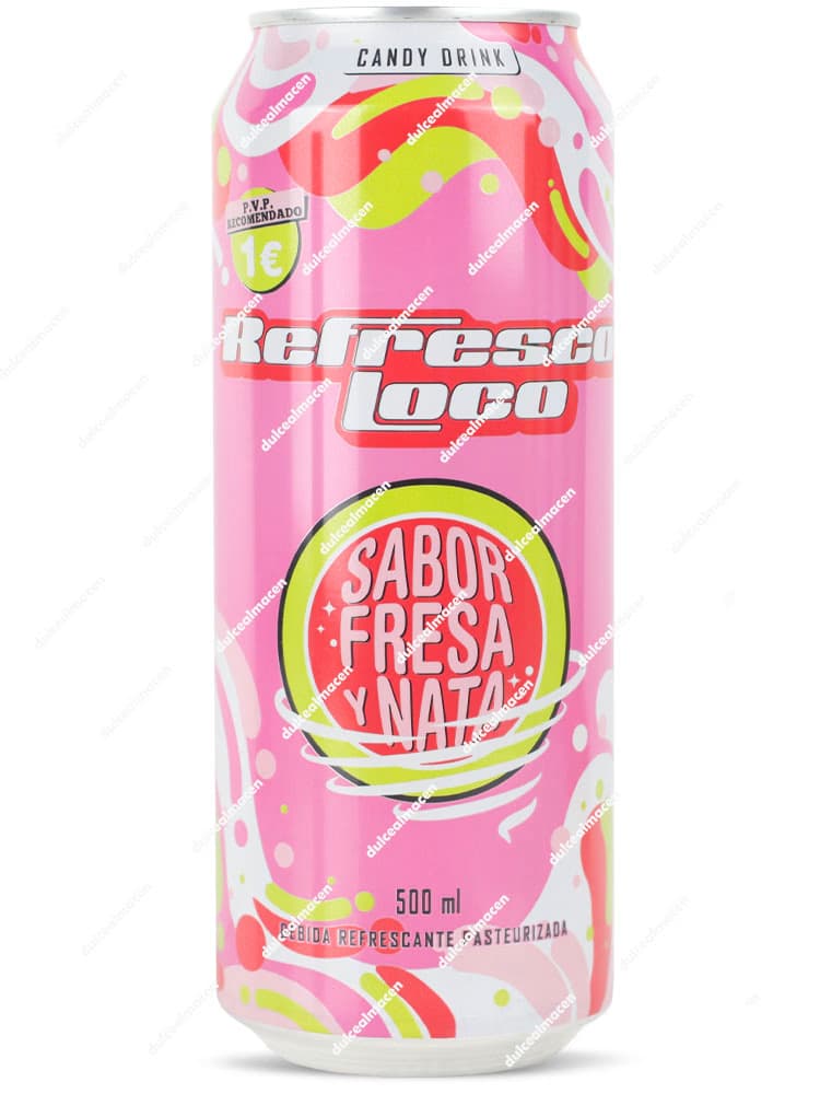 Lata de 500 ml de Refresco Loco Sabor Fresa y Nata con fondo rosa, detalles en verde lima y diseño psicodélico - Dulcealmacen