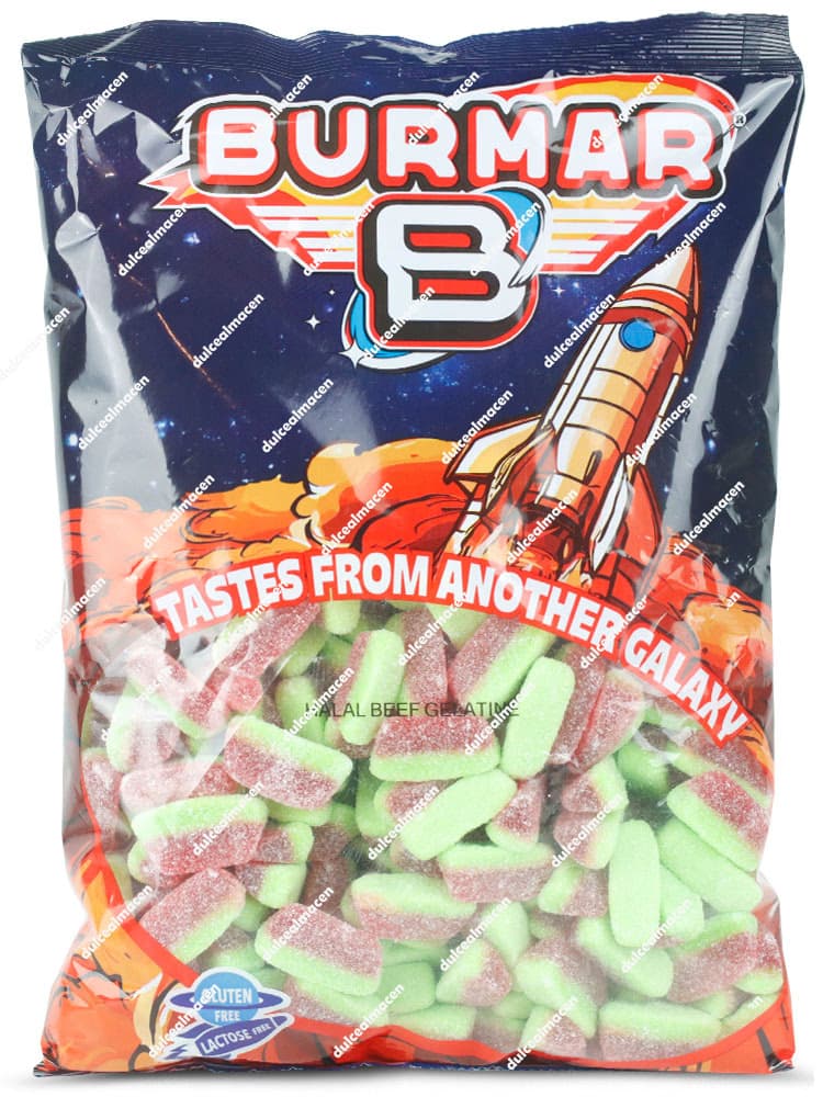 Bolsa de Burmar Tajadas Sandía 250 uds mostrando las gominolas de color verde y rojo con cobertura de azúcar con un cohete espacial dibujado en el empaque en el archivo image_44c77c.jpg - Dulcealmacen