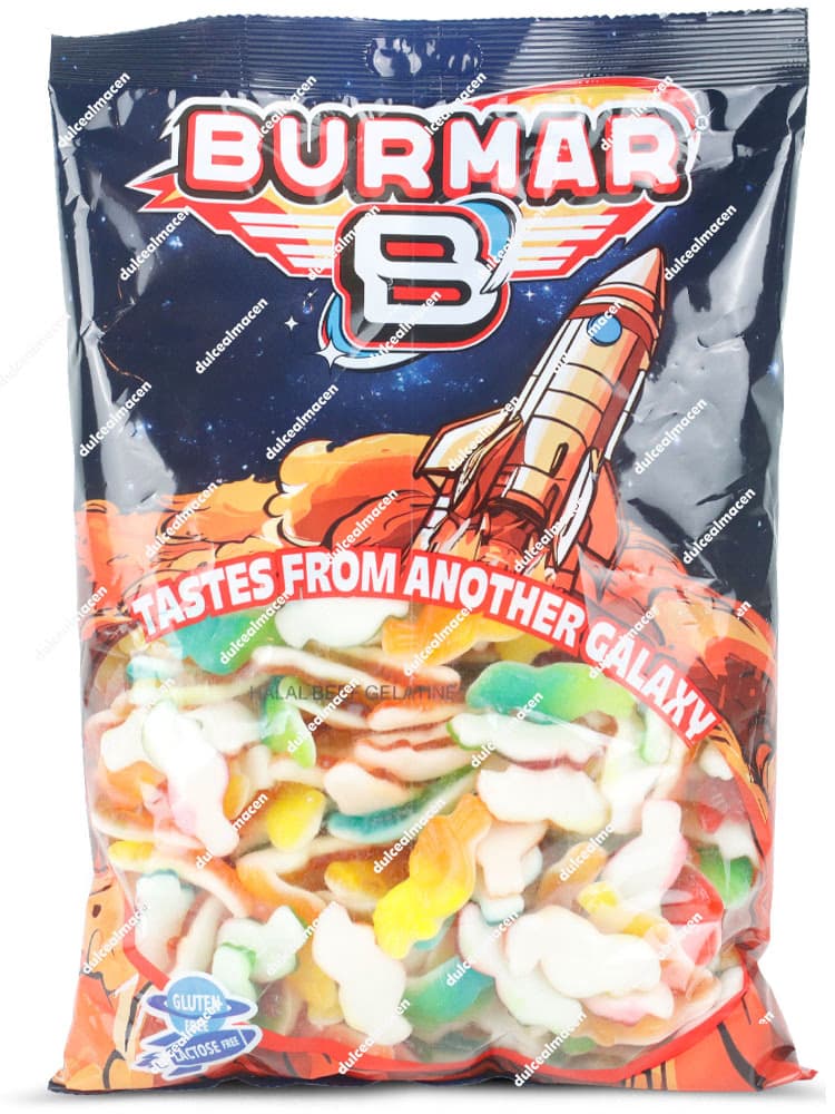 Bolsa de Burmar Loros Brillo 250 uds mostrando las gominolas con forma de pájaros de colores con un cohete espacial dibujado en el empaque en el archivo image_4470c4.jpg - Dulcealmacen