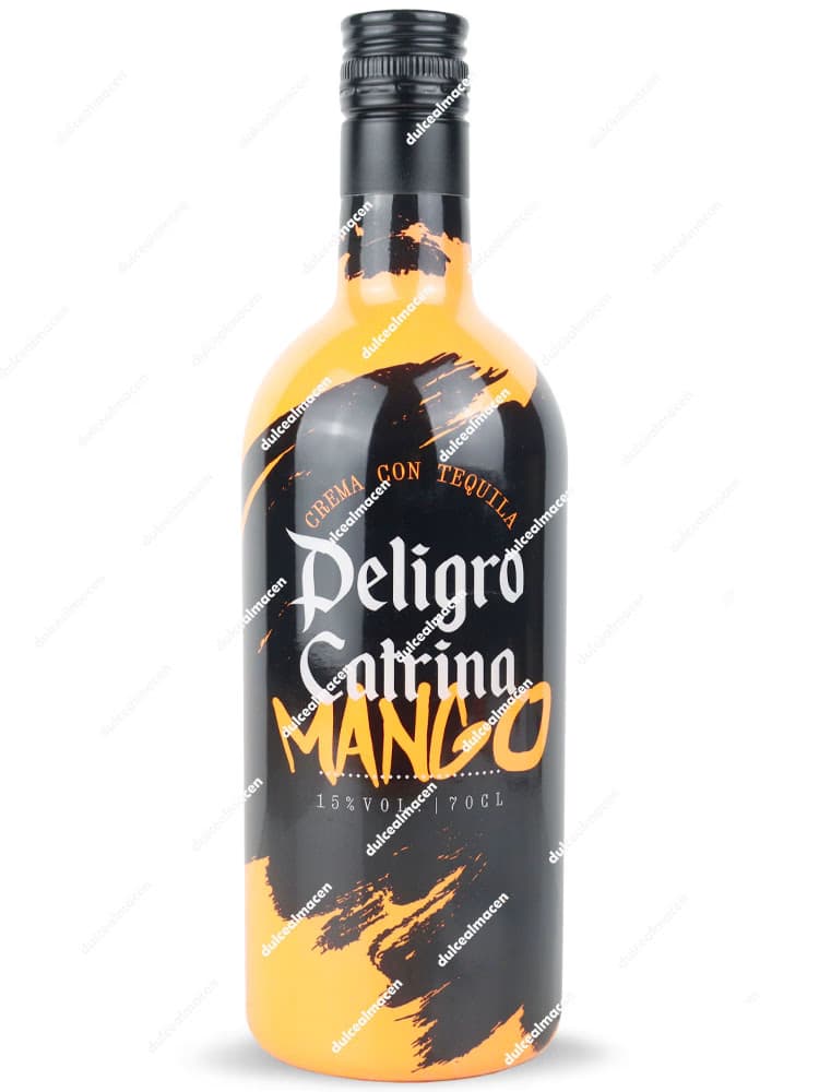 Botella de Peligro Catrina Crema de Tequila Mango 70 cl con diseño negro y naranja brillante inspirado en la cultura de la Catrina - Dulcealmacen