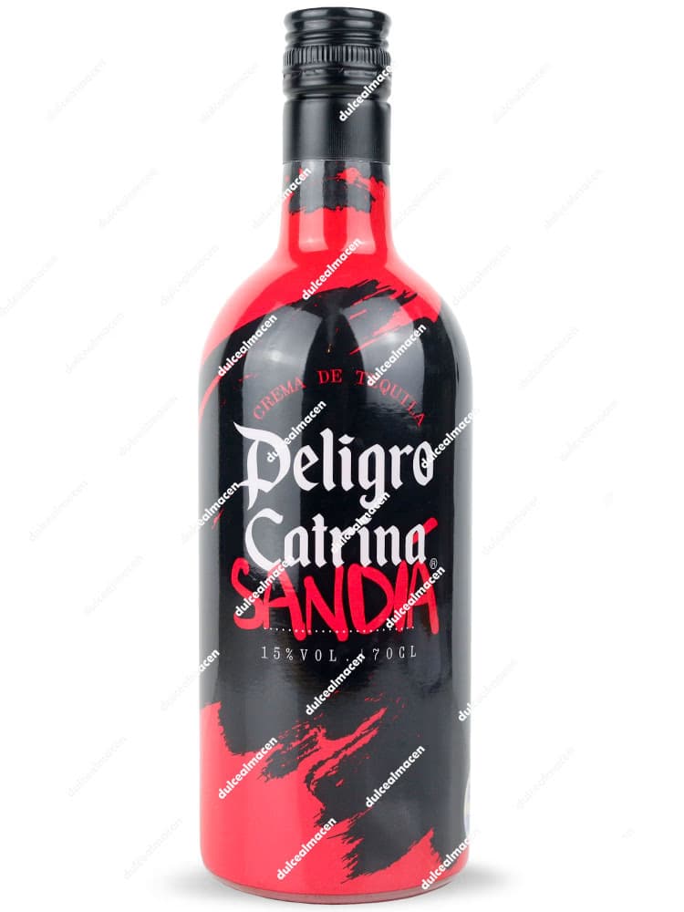 Botella de Peligro Catrina Crema de Tequila Sandía 70 cl con diseño negro y rojo intenso inspirado en la Catrina mexicana - Dulcealmacen