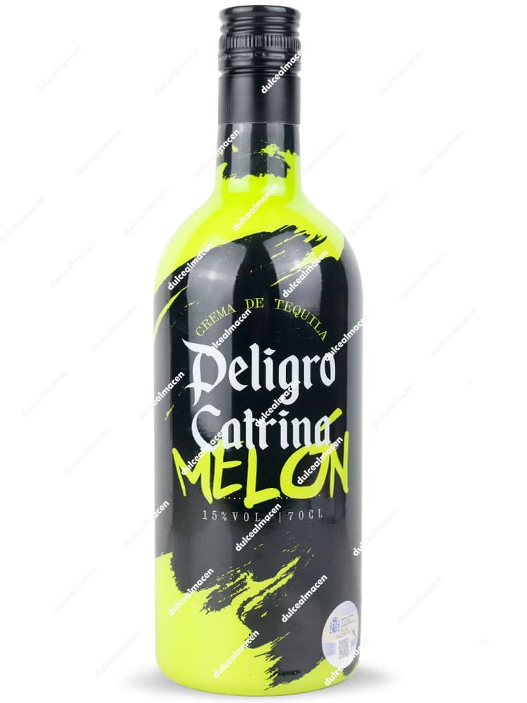 Botella de Peligro Catrina Crema de Tequila Melón 70 cl con diseño negro y verde neón con letras góticas - Dulcealmacen