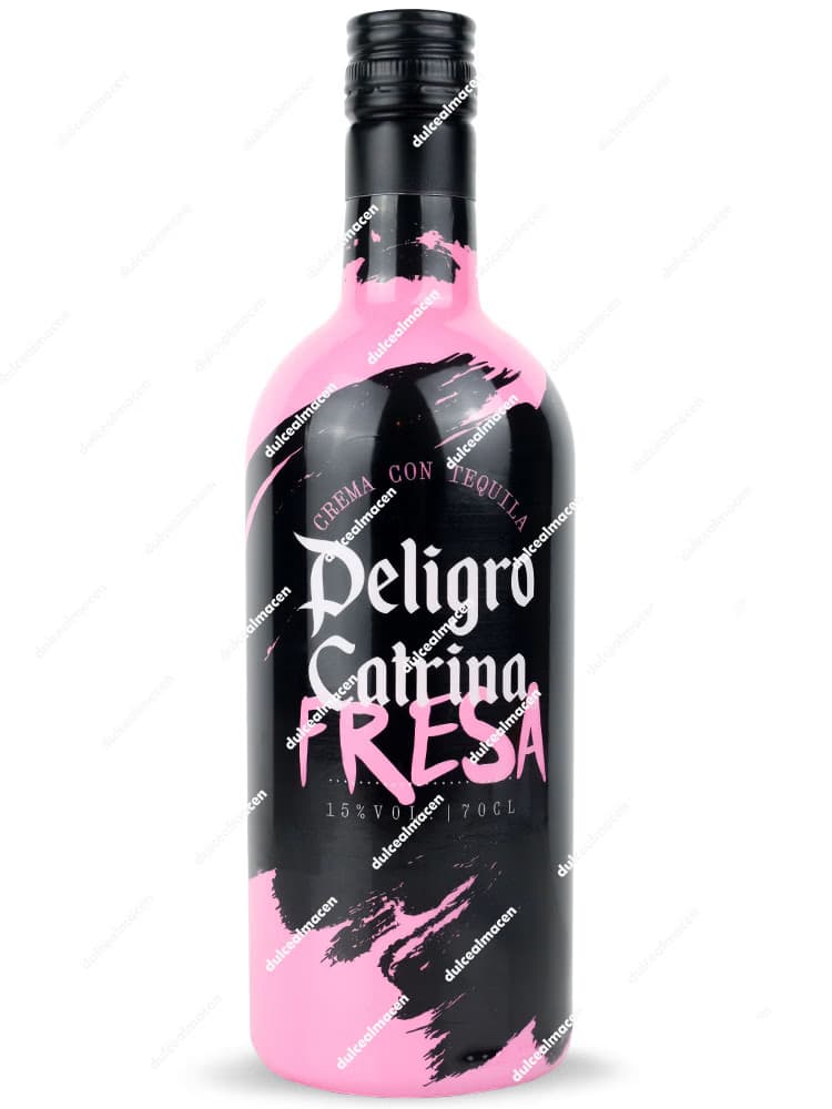 Botella de Peligro Catrina Crema de Tequila Fresa 70 cl con diseño negro y rosa neón inspirado en la cultura de la Catrina mexicana - Dulcealmacen