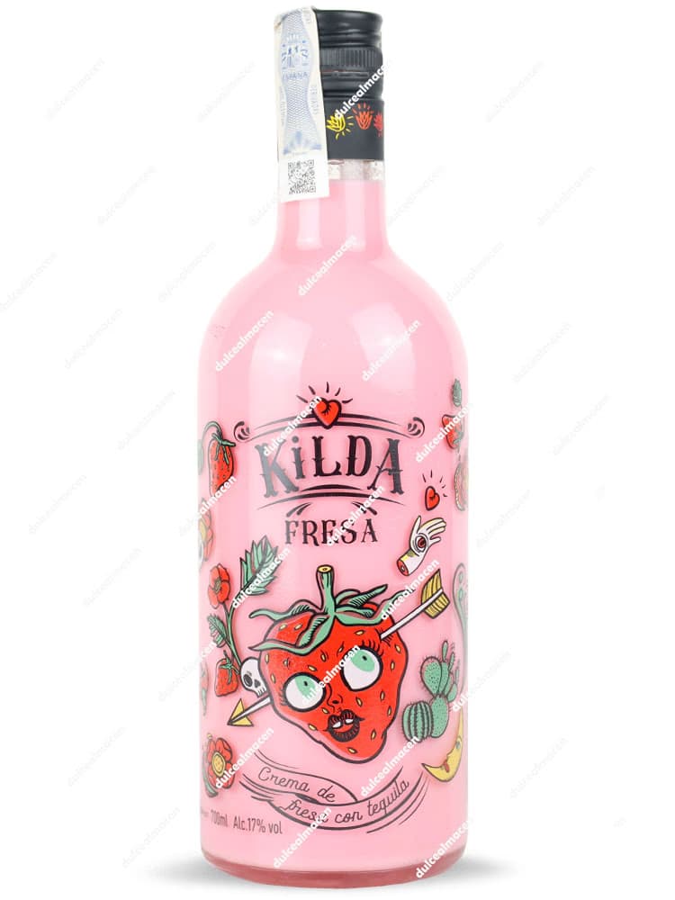 Botella de Kilda Crema de Fresa con Tequila 70cl con líquido rosa y etiqueta ilustrada con una fresa con ojos y flecha - Dulcealmacen