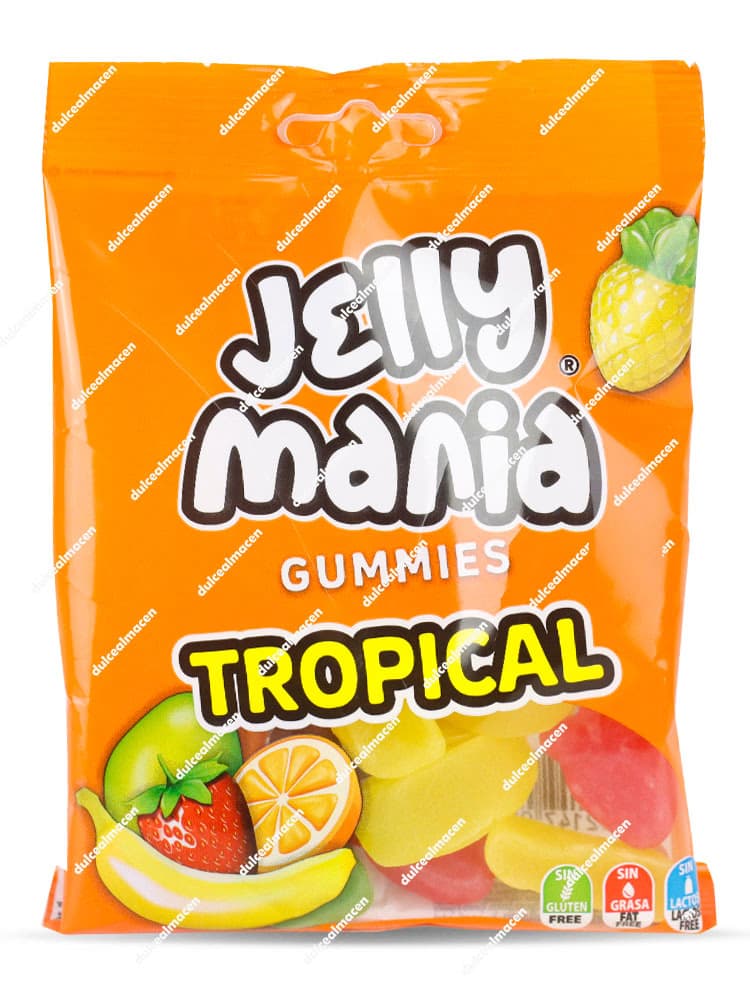 Bolsa naranja de Jake Jelly Mania Tropical 100g mostrando surtido de gominolas de frutas con sellos de sin gluten, sin grasa y sin leche - Dulcealmacen