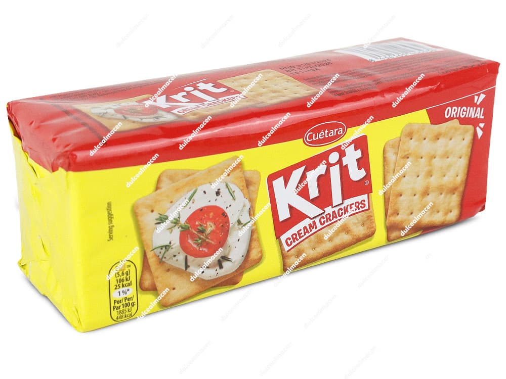 Paquete de galletas saladas Cuétara Krit Crackers de 200 gramos, con diseño amarillo y azul de "Super Precio" y galletas cuadradas crujientes - Dulcealmacen