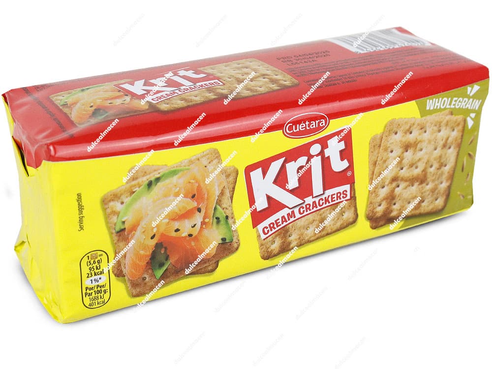 Paquete de galletas saladas Cuétara Krit Crackers Integral de 200 gramos, con diseño rojo y amarillo destacando "Wholegrain" y galletas con salmón y aguacate - Dulcealmacen