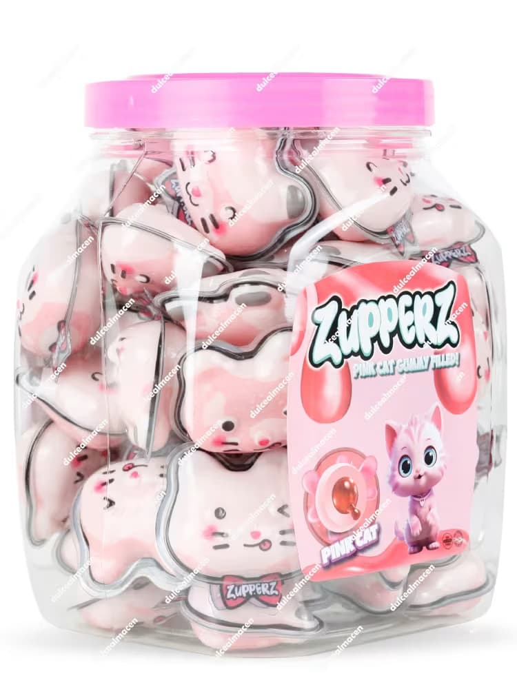 Tarro de 50 unidades de gominolas Zupperz Pink Cat, gominolas en forma de gatito rosa con relleno líquido y tapa rosa - Dulcealmacen