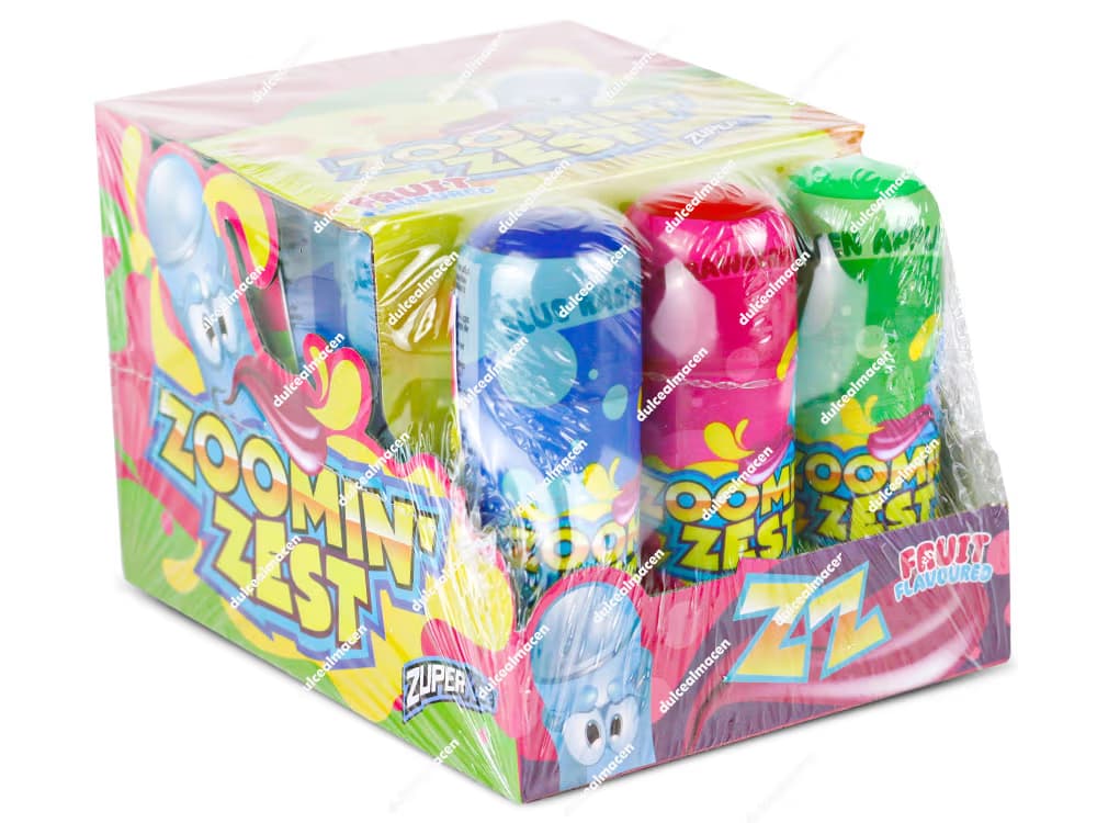 Caja expositora retractilada de ZuperKidz Zoomin' Zest con 12 botes de caramelo líquido de colores azul, rosa y verde - Dulcealmacen