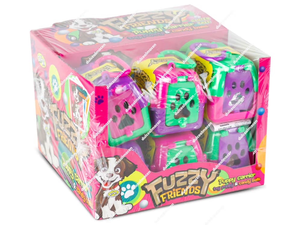 Caja expositora de Jojo Fuzzy Friends con 12 botes individuales que contienen figuras coleccionables suaves y caramelos - Dulcealmacen