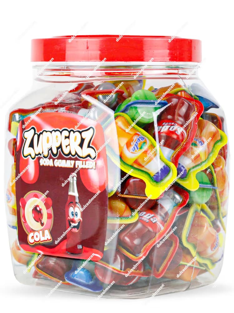 Bote de 65 unidades de Zupperz Soda Gummy sabor cola, gominolas individuales con forma de botella y centro líquido relleno - Dulcealmacen