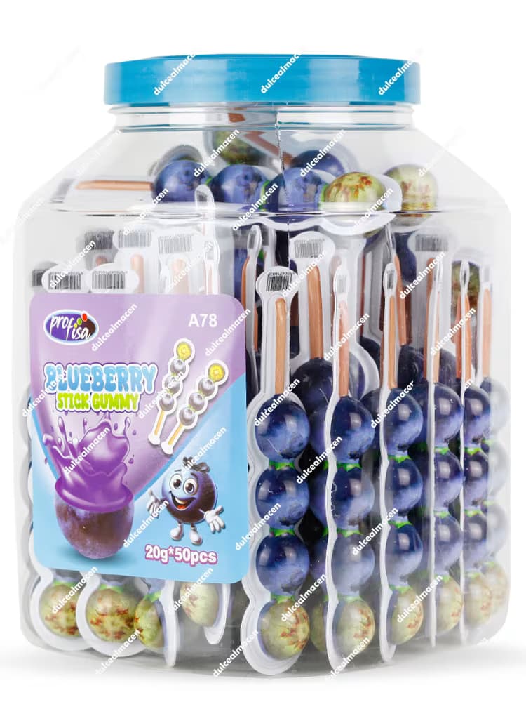 Bote de plástico con tapa azul que contiene 50 unidades de Blueberry Stick Gummy, gominolas envasadas individualmente con forma de brocheta y sabor a arándano - Dulcealmacen