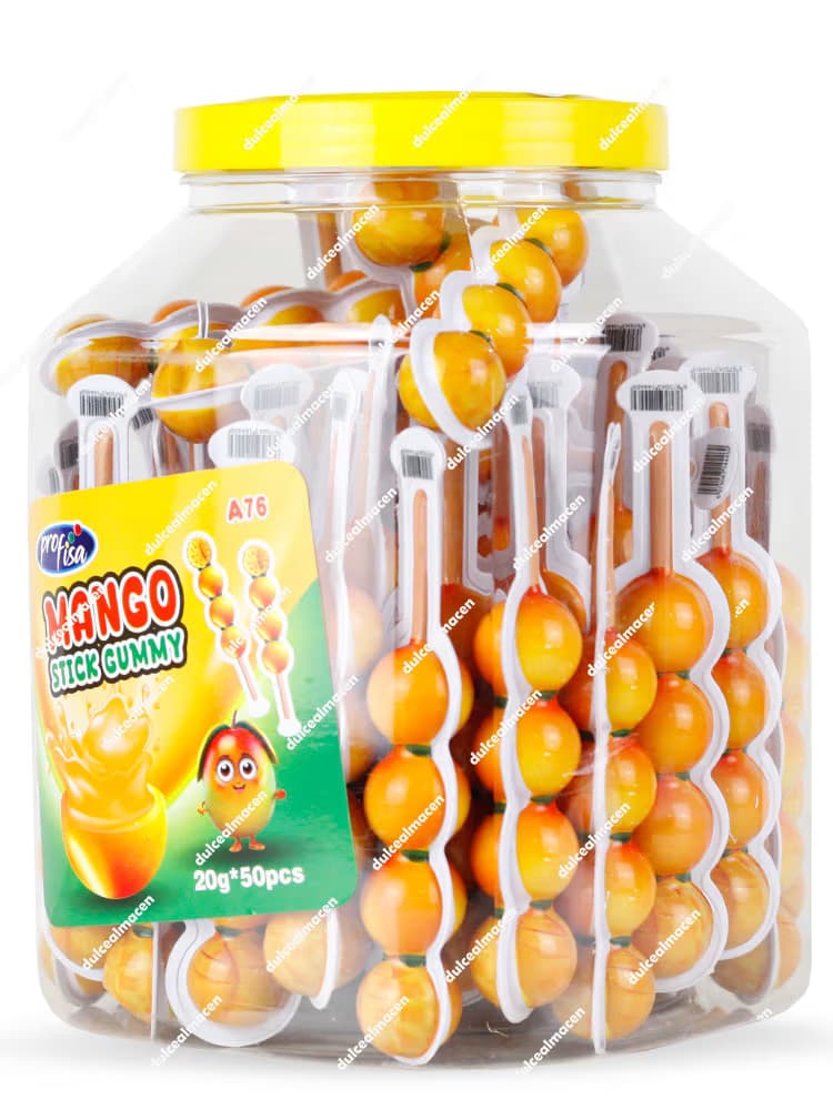 Bote de plástico con 50 unidades de Mango Stick Gummy, gominolas individuales con forma de brocheta y sabor a mango - Dulcealmacen