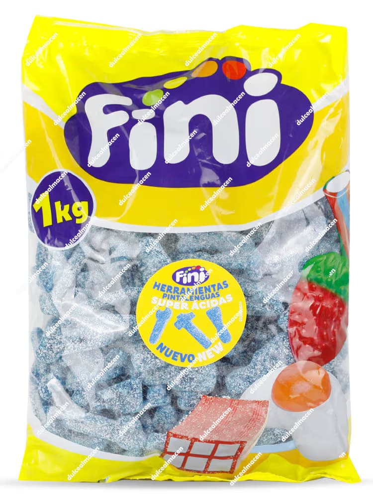 Bolsa amarilla de 1kg de gominolas Fini Herramientas Pinta Lenguas Súper Ácidas de color azul con cobertura de azúcar - Dulcealmacen