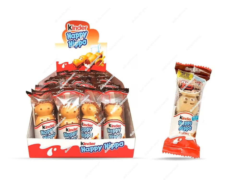 Caja expositora de Kinder Happy Hippo Cacao abierta mostrando las barritas individuales con forma de hipopótamo y su relleno de crema de cacao y leche - Dulcealmacen