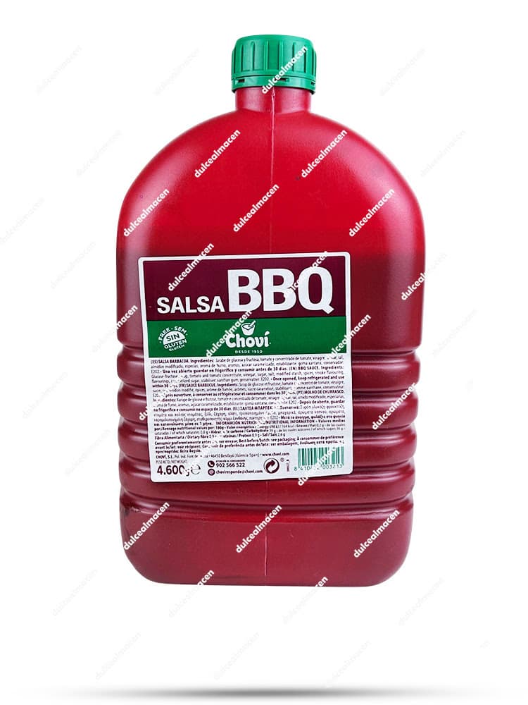 Gran garrafa roja de 4,6 litros de Salsa Barbacoa Choví con tapón verde, mostrando la etiqueta profesional con ingredientes y logotipo de la marca - Dulcealmacen