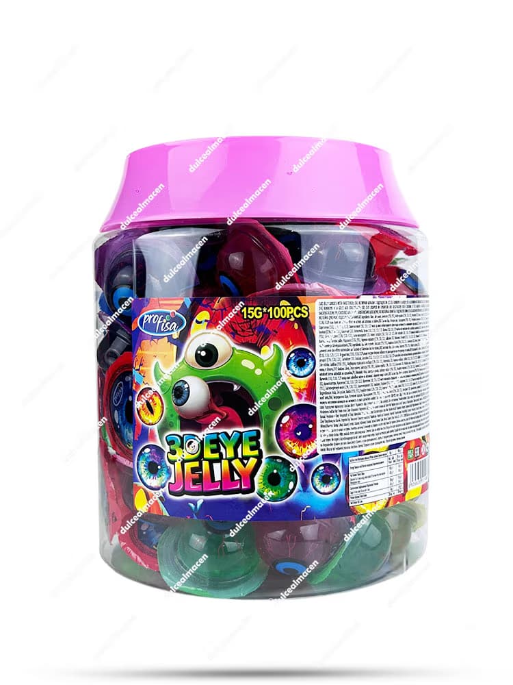 Bote transparente de Profisa 3D Eye Jelly con tapa rosa conteniendo 100 gominolas con forma de ojo humano y relleno líquido de 15 g cada una - Dulcealmacen