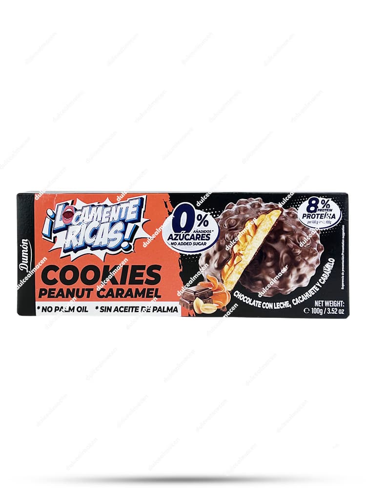 Envase de Galletas Dumón sabor Coco, Caramelo y Cacahuete de 100 g, con diseño elegante en azul y amarillo mostrando las cookies crujientes con trozos de cacahuete y coco - Dulcealmacen