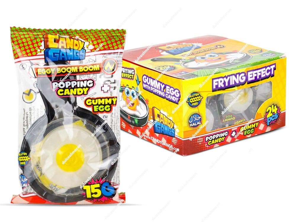 Caja expositora de 24 unidades de Huevos Fritos Eggy Boom Boom de Candy Gangs, gominolas interactivas con caramelo explosivo sin gluten y Halal - Dulcealmacen