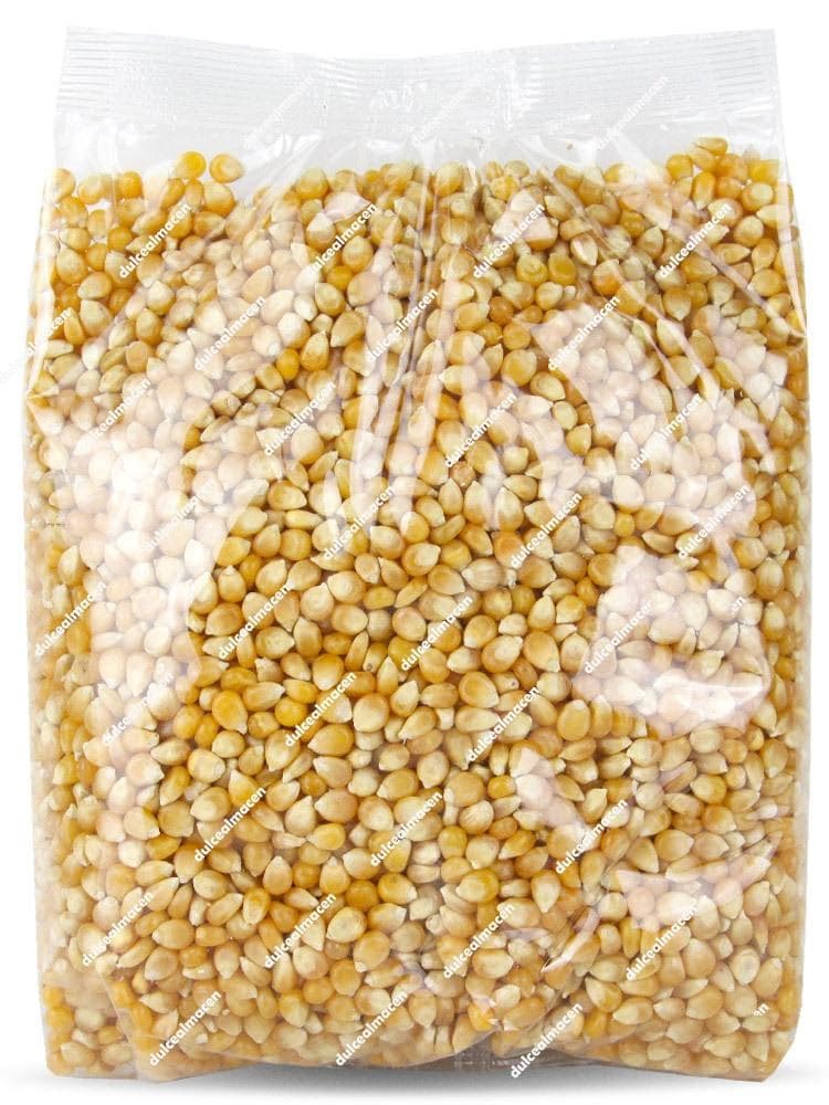 Bolsa de plástico transparente de 1 kilogramo llena de granos de maíz natural seleccionados de color dorado para cocinar palomitas caseras tradicionales - Dulcealmacen