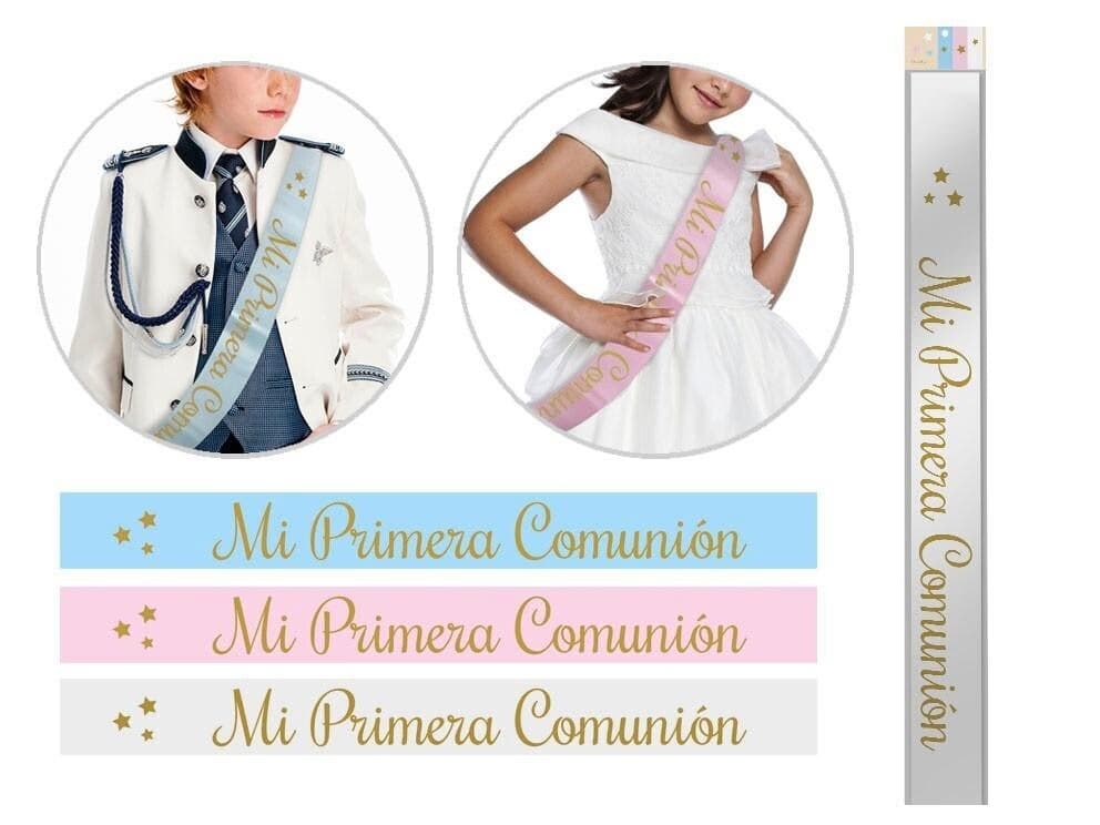 Tres bandas de comunión satinadas en colores azul, rosa y crema con el texto Mi Primera Comunión en dorado y ejemplos de uso Dulcealmacen