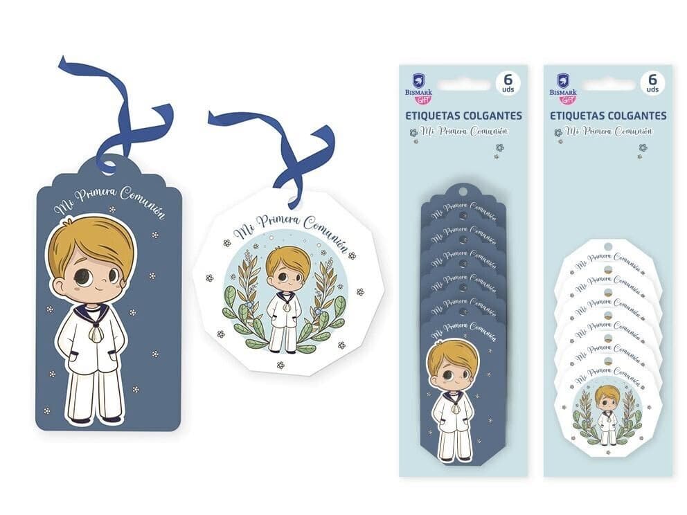 Pack de 6 etiquetas colgantes para comunión de niño con formas rectangulares y poligonales en tonos azul noche Dulcealmacen