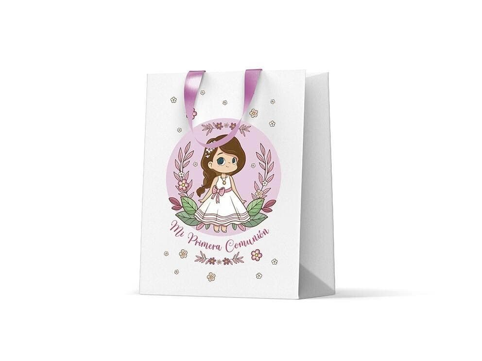 Bolsa de papel blanca para regalo de comunión de niña con ilustración floral, lentejuelas brillantes y asas de satén rosa Dulcealmacen