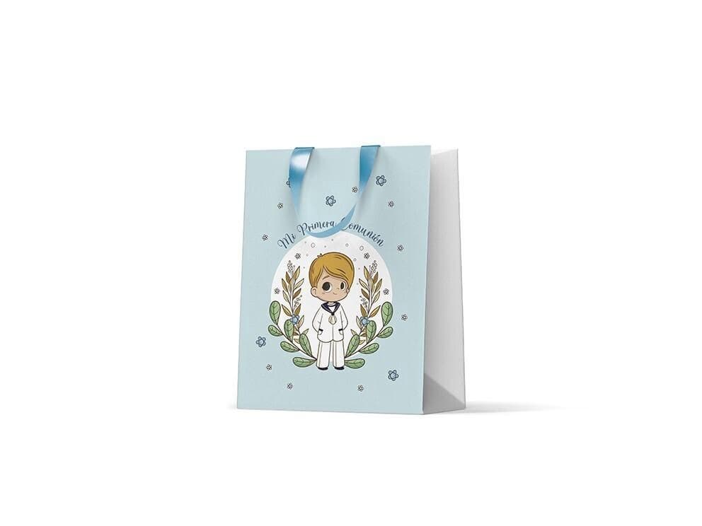 Bolsa de papel azul celeste para regalo de comunión de niño con ilustración de marinero y lentejuelas decorativas Dulcealmacen