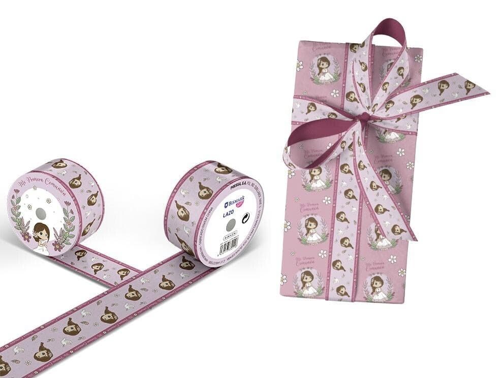 Rollo de cinta de lazo rosa para regalo de comunión de niña con diseño floral y ejemplo de paquete envuelto con lazo malva Dulcealmacen