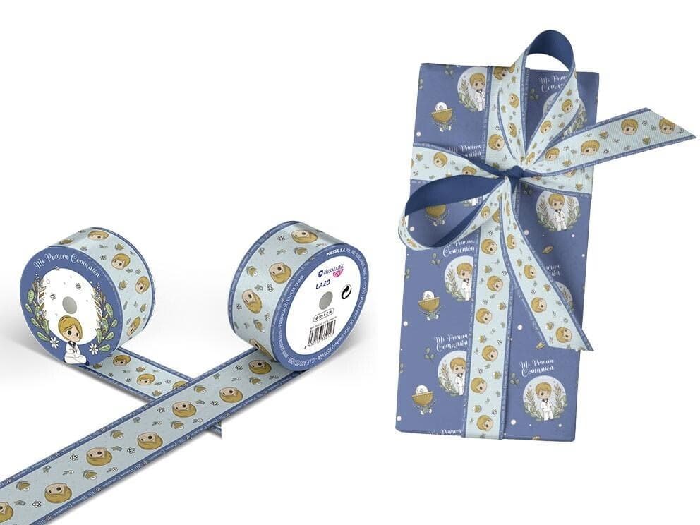 Rollo de cinta de lazo azul para regalo de comunión de niño con diseño de marinero y ejemplo de paquete envuelto Dulcealmacen