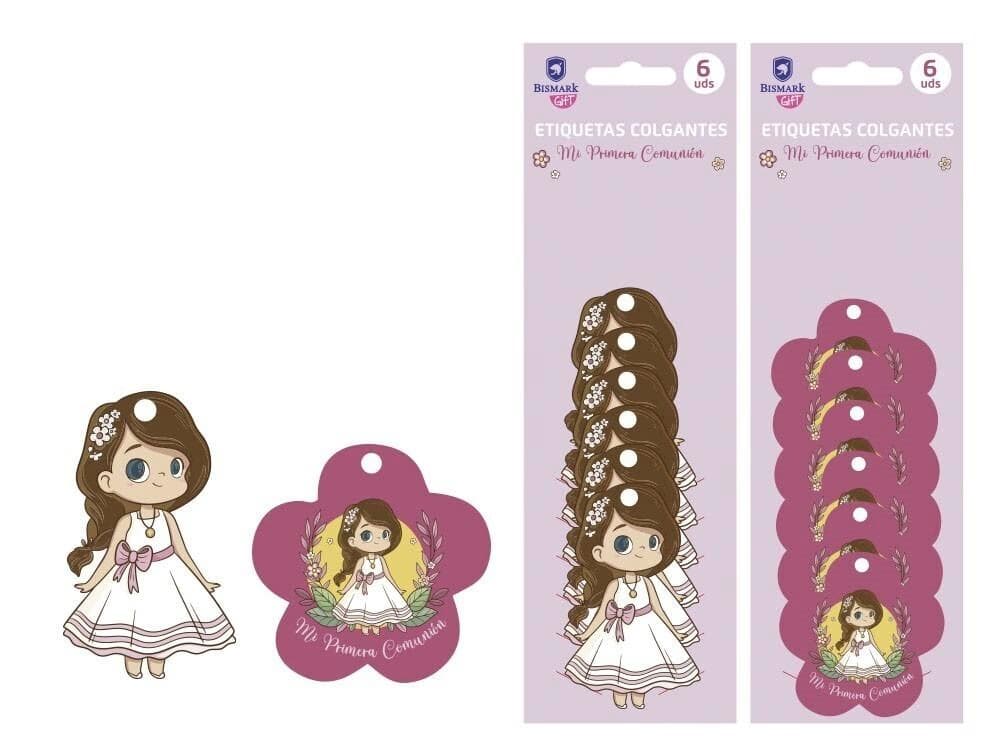 Pack de 6 etiquetas colgantes para comunión de niña con formas de niña y flor rosa en su envoltorio original Dulcealmacen
