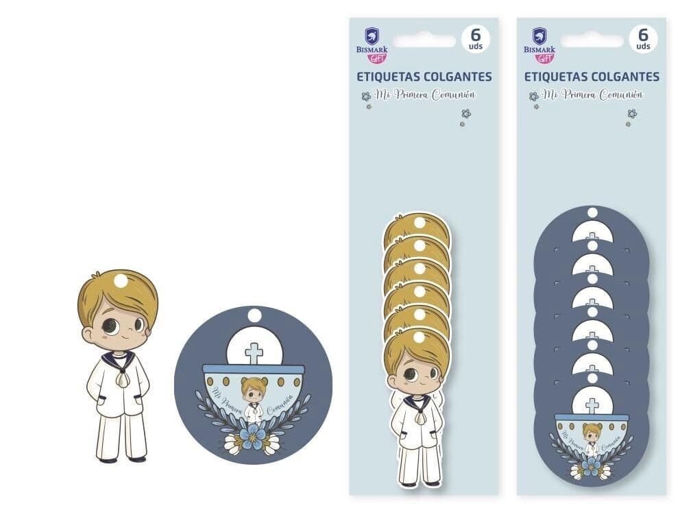 Pack de 6 etiquetas colgantes para comunión de niño con formas de marinero y cáliz azul en su envoltorio original Dulcealmacen
