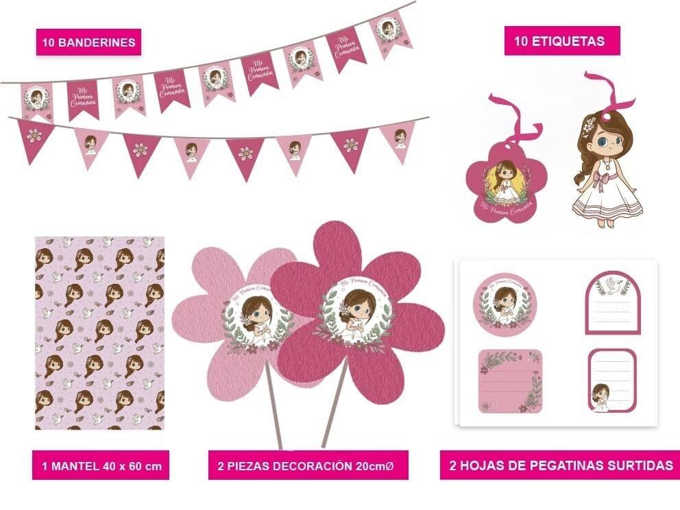 Set de decoración Candy Bar para comunión de niña con guirnalda de banderines mantel rosa pegatinas y etiquetas de flores Dulcealmacen