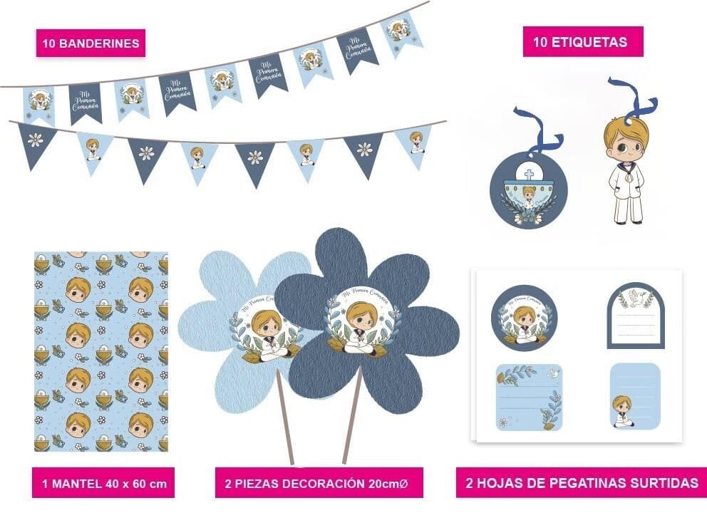 Contenido del kit de decoración Candy Bar para comunión de niño con banderines mantel pegatinas y etiquetas azules Dulcealmacen