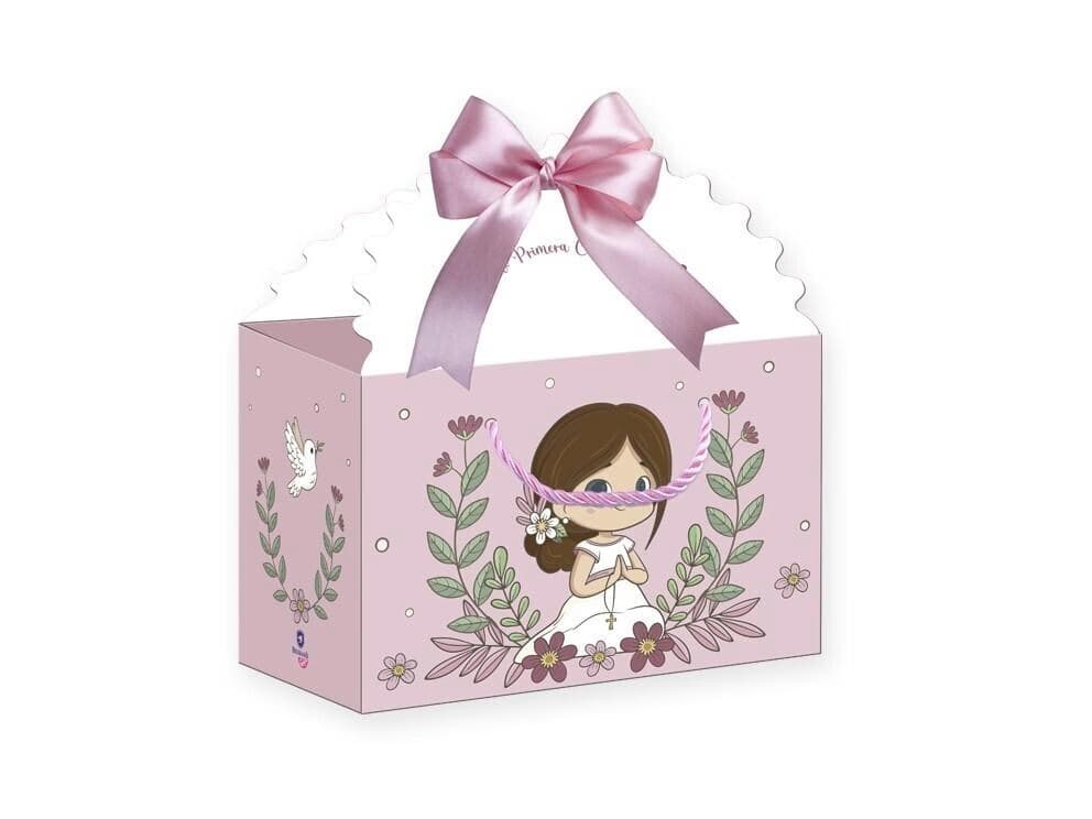 Caja de regalo rosa formato maletín con lazo de satén e ilustración floral de niña de comunión Dulcealmacen