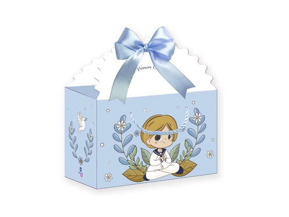 Caja de regalo azul formato maletín con lazo de satén e ilustración de niño de comunión Dulcealmacen