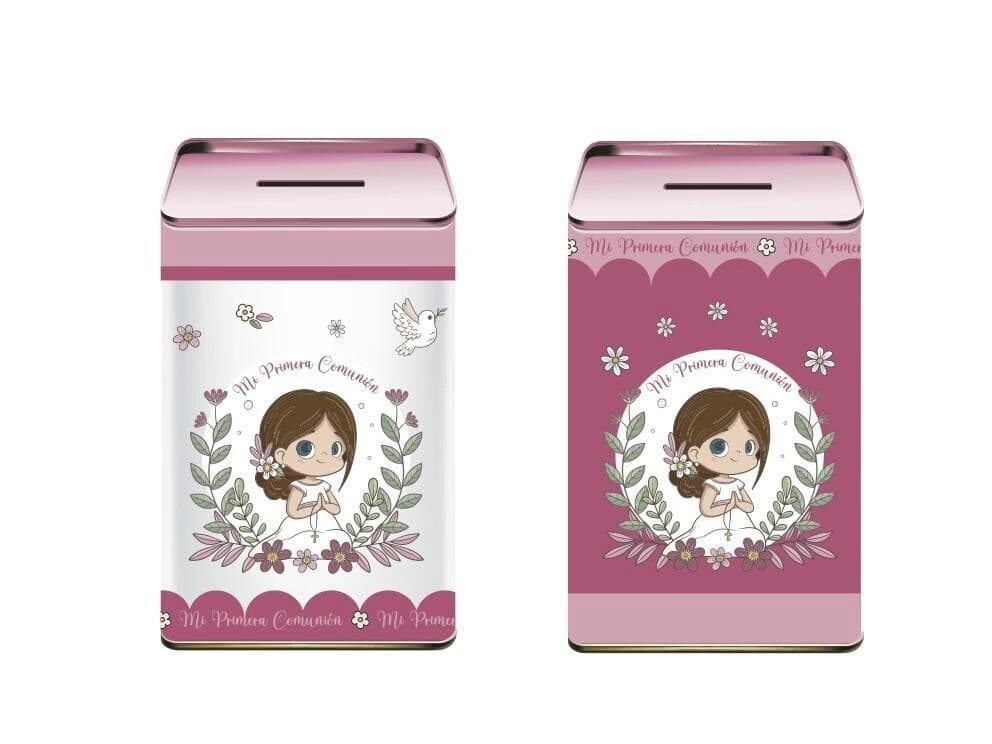 Dos modelos de hucha de latón para comunión de niña con diseño de niña y flores en fondo blanco y malva Dulcealmacen