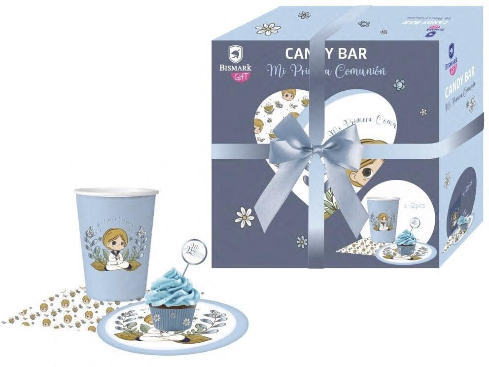 Caja de regalo azul Bismark Gift con kit de mesa Candy Bar 12 personas para comunión de niño con platos vasos y servilletas Dulcealmacen