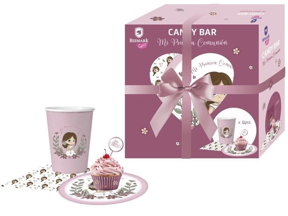 Caja de regalo rosa Bismark Gift con set de mesa Candy Bar para 12 personas con platos vasos y servilletas de comunión niña Dulcealmacen