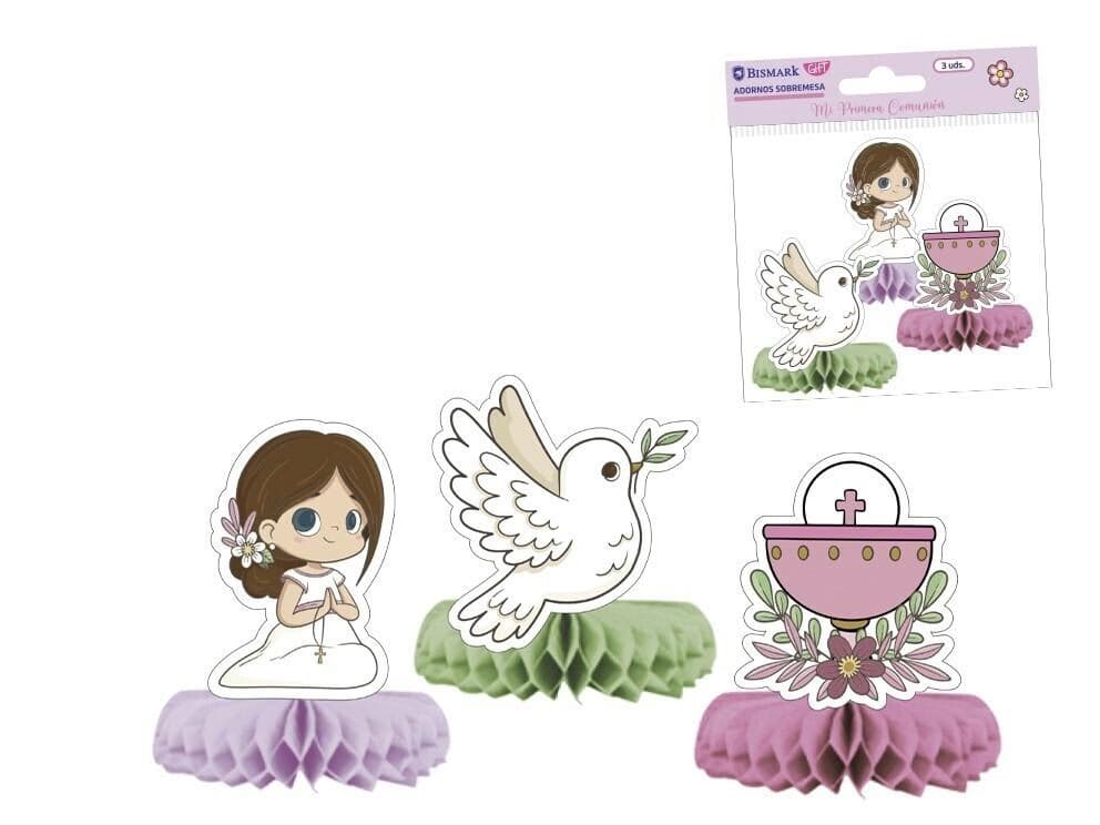 Set de tres adornos de sobremesa para comunión de niña con figuras de niña, paloma y cáliz sobre bases de papel nido de abeja rosa y malva Dulcealmacen