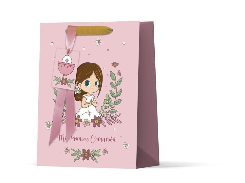 Bolsa de Papel Mi Primera Comunión Niña con Etiqueta y Lazo Rosa