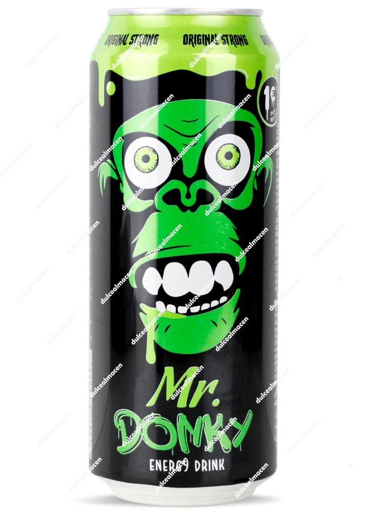 Lata de 500ml de bebida energética Mr. Donky Energy Original con logotipo de gorila verde neón y negro - Dulcealmacen