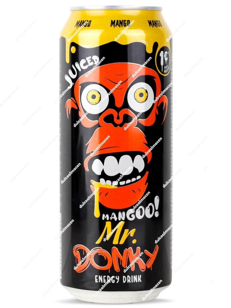 Lata de 500ml de bebida energética Mr. Donky Energy Mango Juiced con diseño de gorila naranja y amarillo - Dulcealmacen