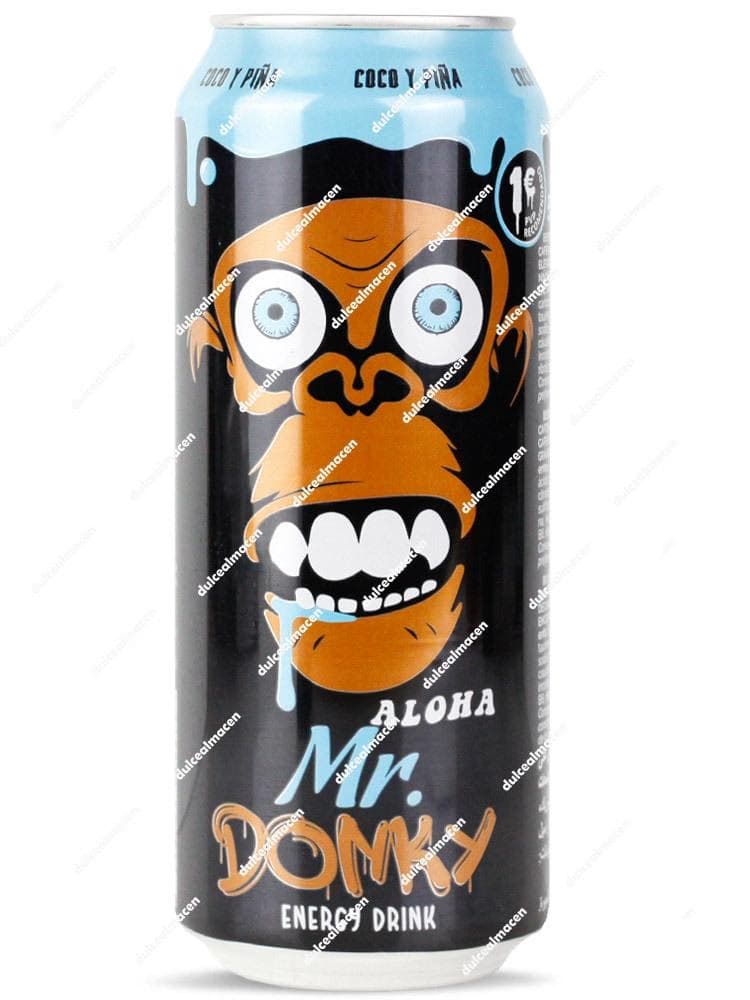 Lata de 500ml de bebida energética Mr. Donky Energy Aloha sabor Coco y Piña con diseño azul y gorila